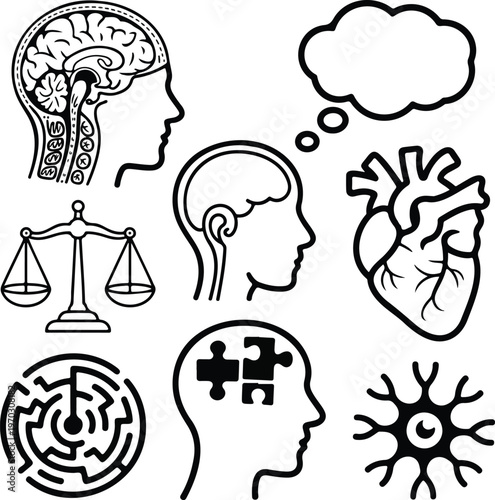 Human mind, brain, and psychology elements hand drawn doodle icon set. thinking, balance, labyrinth, neuron, and heart.
