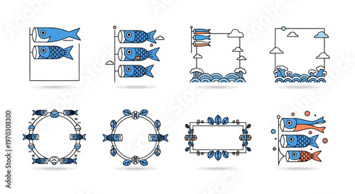 Minimalist Japanese Koinobori Carp Streamer Vector Frames and Traditional Wave Patterns for Childrens Day Celebration