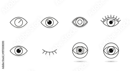 Minimalist Black Outline Eye Icons Set Vision View and Privacy Symbols for UI UX Interface Design