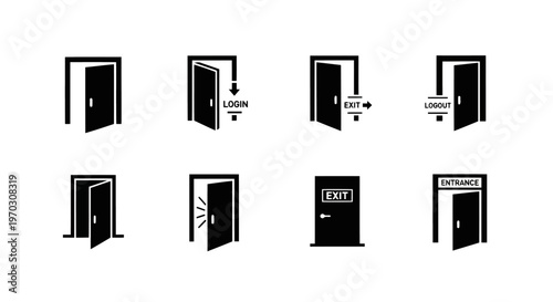 Minimalist Black Vector Door Icons for Login Logout and Entrance UI Elements