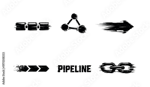 Digital data pipeline stages theme, a set of 5 glitch-distorted monochrome objects placed on a perfectly clean white background