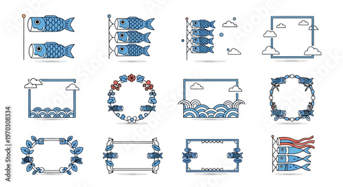 Japanese Childrens Day Koinobori Streamer Border Frames with Traditional Seigaiha Wave Patterns Minimalist Flat Vector Design
