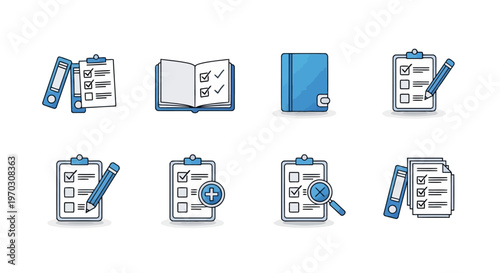 Business Checklist and Document Management Flat Vector Icon Set for Office Administration and Task Workflow Tracking