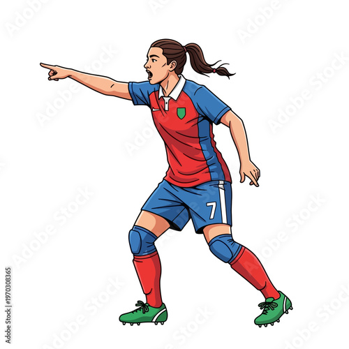 Female soccer player in red and blue uniform pointing forward
