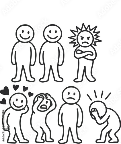 Diverse human emotions illustrated with cartoon figures expressing happiness, sadness, anger, love, stress, and frustration, isolated on white.