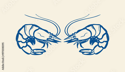 Vector illustration of two shrimps facing each other, handdrawn style blue outline on a light cream background