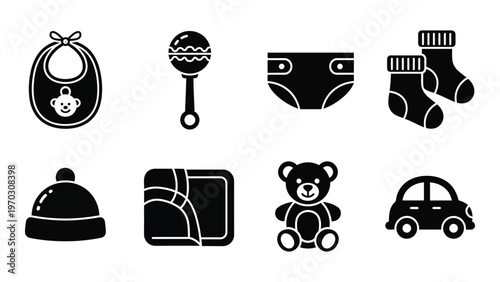 A collection of simple black silhouette icons depicts various baby related items including clothing toys and accessories high quality professional detailed