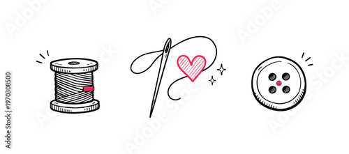 Sewing theme  a horizontal row of 3 related hand-drawn objects on a white background: a small spool of thread with a tiny red wrap detail, a simple