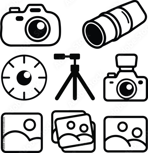 Photography equipment collection with professional cameras, lens, tripod, and photo gallery icons in outlines.