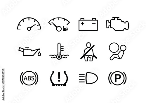 Automotive dashboard symbols: speedometer, fuel gauge, battery warning, engine warning, oil pressure, temperature gauge, seatbelt icon, airbag icon