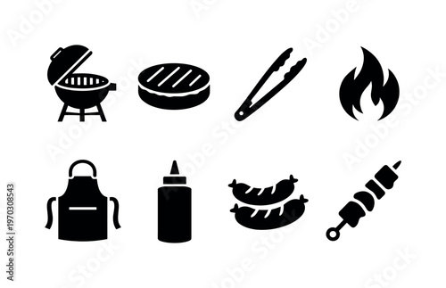 BBQ grilling: grill barbecue, burger patty, sausages, tongs, flame, apron, sauce bottle, skewer