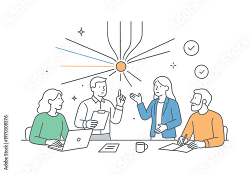 A clear workflow convergence checkpoint scenario where a team reviews multiple task streams before merging them into a final outcome during a planning