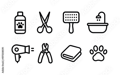 Pet grooming and care: pet shampoo bottle, grooming scissors, pet brush, pet bathtub, hair dryer, nail clipper, towel, paw print