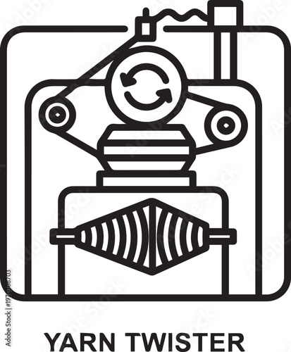 Professional Yarn Twisting Machine with Rotating Spindle Vector Icon for Textile Manufacturing, Knitting Industry, Technical Diagrams, Educational Materials, Apparel Design, Spinning