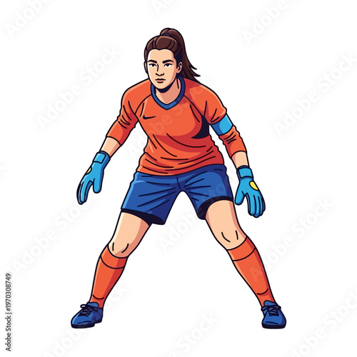 Female soccer goalkeeper in orange jersey and blue shorts standing in ready position