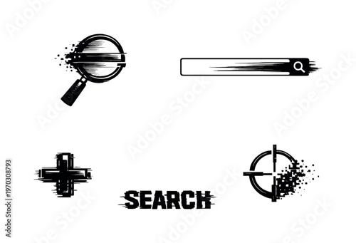 Digital search and discovery theme, a set of 4 glitch-distorted monochrome objects placed on a perfectly clean white background
