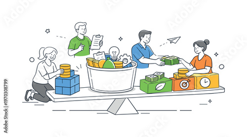 A resource management and allocation scene showing a small team distributing assets around a large container and segmented blocks, using a clear