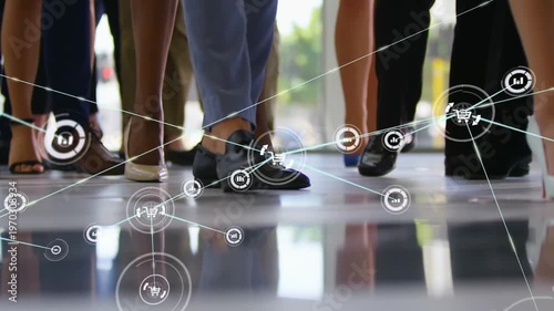 Customers standing by glass doors shifting feet while data feed driving HUD analytics over feet