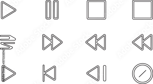 Outline icons for media playback controls, including play, pause, stop, and rewind
