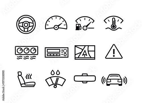 Car dashboard controls: steering wheel, speedometer, fuel gauge, temperature gauge, air conditioning, radio system, navigation screen, hazard button