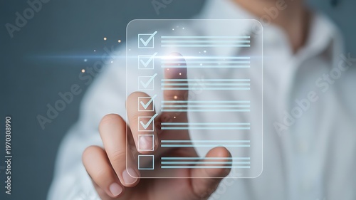 Businessman touching a digital checklist on a transparent screen for task management and verification.
