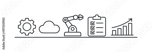 Digital transformation and automation in modern business operations for improved efficiency and scalable workflows, gear, cloud, robotic arm