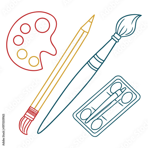 Artistic workspace with wooden palette paint brush graphite pencil and watercolor set isolated on white background minimalist outline vector design.