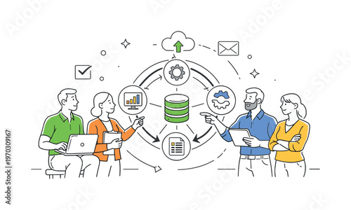A system integration and data consistency scene showing a small team synchronizing platforms around a large connected nodes and circular arrows, using