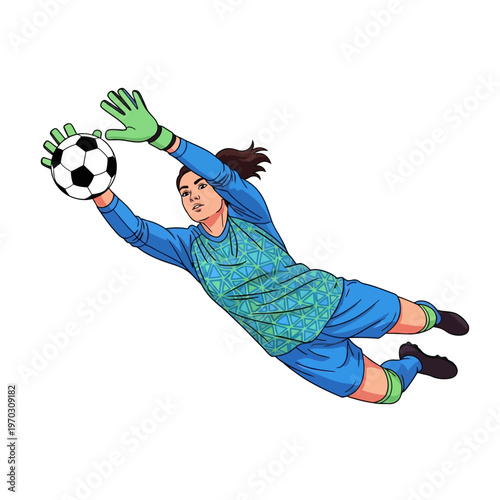 Female soccer goalkeeper diving to catch a ball