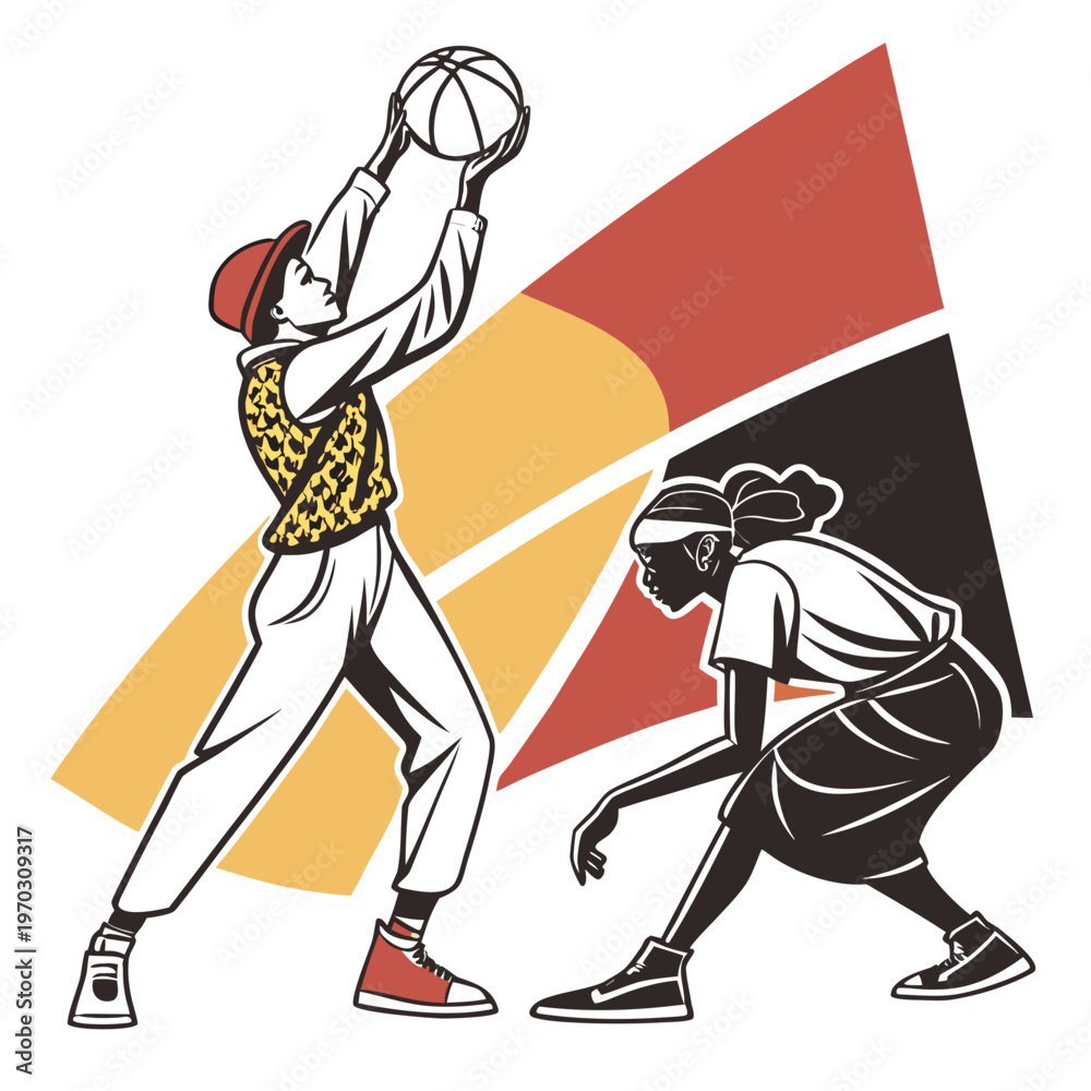 Fototapeta premium Dynamic vector illustration of two stylish young people playing basketball outdoors with a retro geometric background of warm colors and abstract shapes.