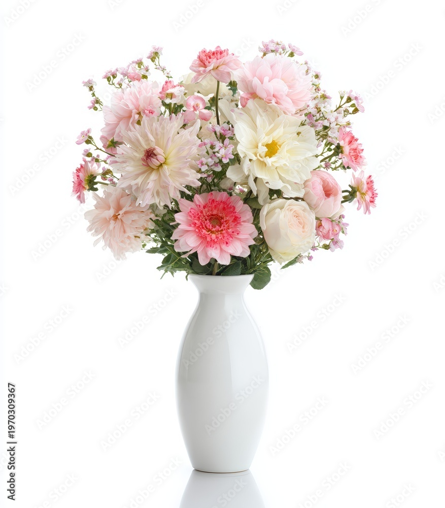 Obraz premium Pink White Flower Arrangement in White Vase on White Background, Minimal Floral Home Decor Still Life