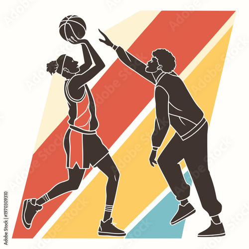 Vector illustration capturing a basketball game with two players in silhouette, one shooting the ball while the other defends, against a colorful retro backdrop.