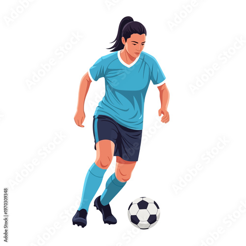 Female soccer player dribbling a ball, athletic woman in blue sports uniform running on the field, dynamic sports illustration