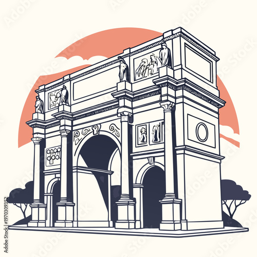 Historical arch monument vector illustration with classic roman architecture, ancient triumph archway, and landmark building.