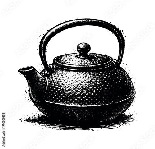 A cast iron teapot with a textured surface shown in three-quarter perspective, its rounded body dominating the frame while the arched handle rises