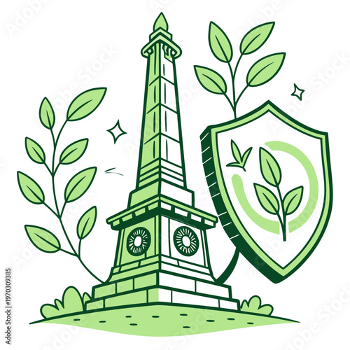 Historical monument obelisk in line art style featuring green leaves and protective shield symbol for environmental heritage conservation concept.