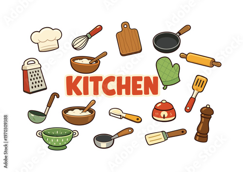 Icon set of fourteen cooking and kitchen icons arranged in a balanced scattered layout around the bold central word KITCHEN on white canvas, including
