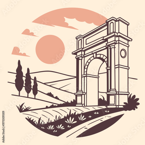 Impressive triumphal arch monument roman columns framed by rolling hills and cypress trees during golden hour sunset artistic countryside illustration.