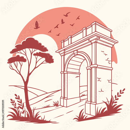 Majestic triumphal arch monument with roman columns set against dramatic sunset sky featuring birds in flight and lone acacia tree artistic representation.