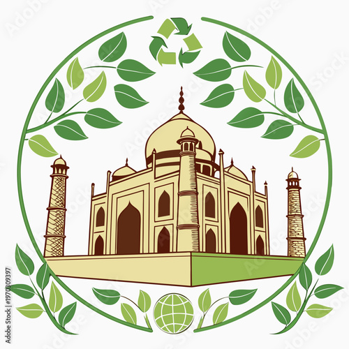 Taj mahal illustration surrounded by green leaves with recycling icon and globe symbol promoting green architecture and sustainable global heritage.