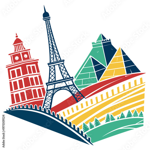 World famous landmarks collage including eiffel tower leaning tower of pisa great wall of china and pyramids.