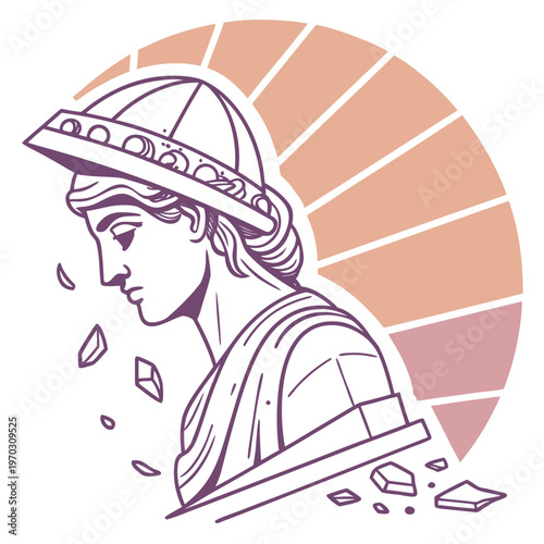Fragmented classical greek sculpture bust profile view isolated on white background simple line art outline with blush tones.