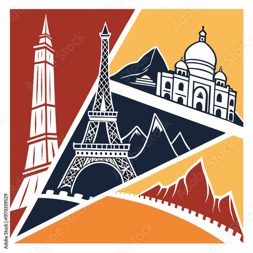 Geometric triangular split layout showing world landmarks like taj mahal great wall of china and eiffel tower in modern monochrome style graphics.