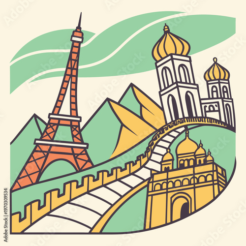 Stylized artistic travel collage featuring eiffel tower taj mahal great wall of china and geometric mountains in flat color vector design style.