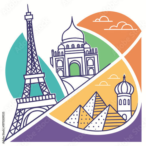 Artistic circular travel composition featuring eiffel tower pyramids of giza and taj mahal using vibrant colors and modern graphic line elements.