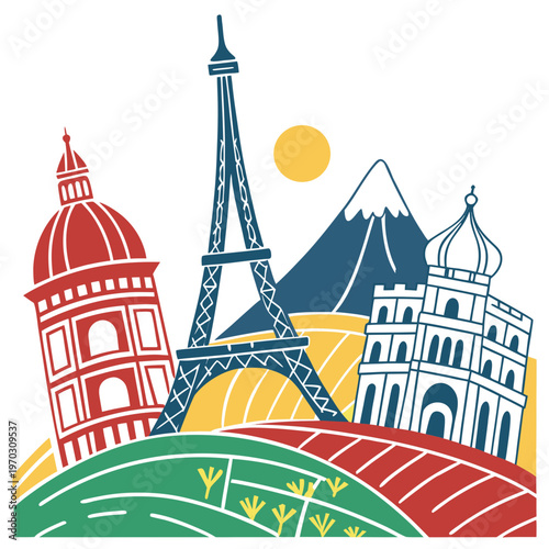 Minimalist geometric illustration of world famous monuments including leaning tower of pisa and eiffel tower with sun and snow mountain peaks.