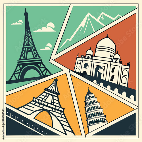 Collage of famous international landmarks and landscapes including the eiffel tower taj mahal leaning tower of pisa and mountains.