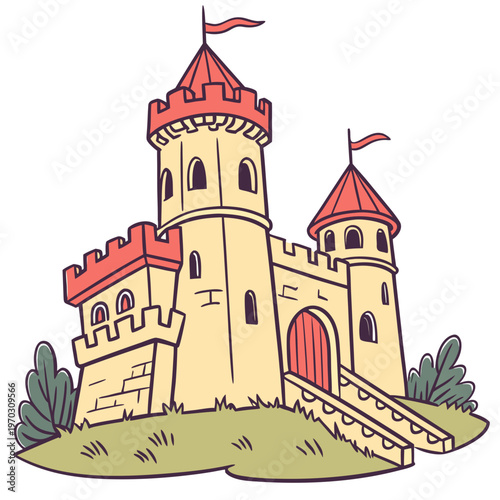 Charming cartoon style castle building with turrets flags and entrance gate situated on grassy hill whimsical fairytale architecture illustration.
