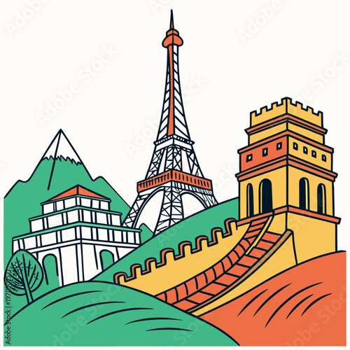 Iconic world landmarks montage including Eiffel tower great wall chinese building and mountains stylized illustration isolated on white background.