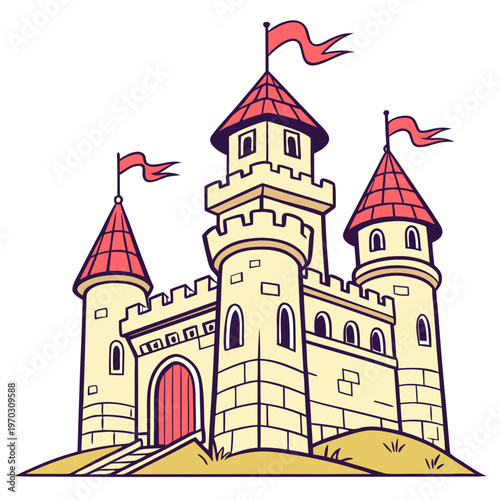 Cartoon medieval stone castle illustration with three red roofed towers flags on poles and defensive walls sitting on hill for fairy tale fantasy.
